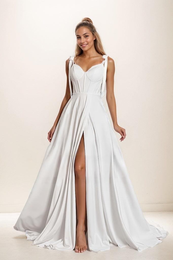 A-Line High Split Sweep Train Matte Satin Prom Dresses CS0807