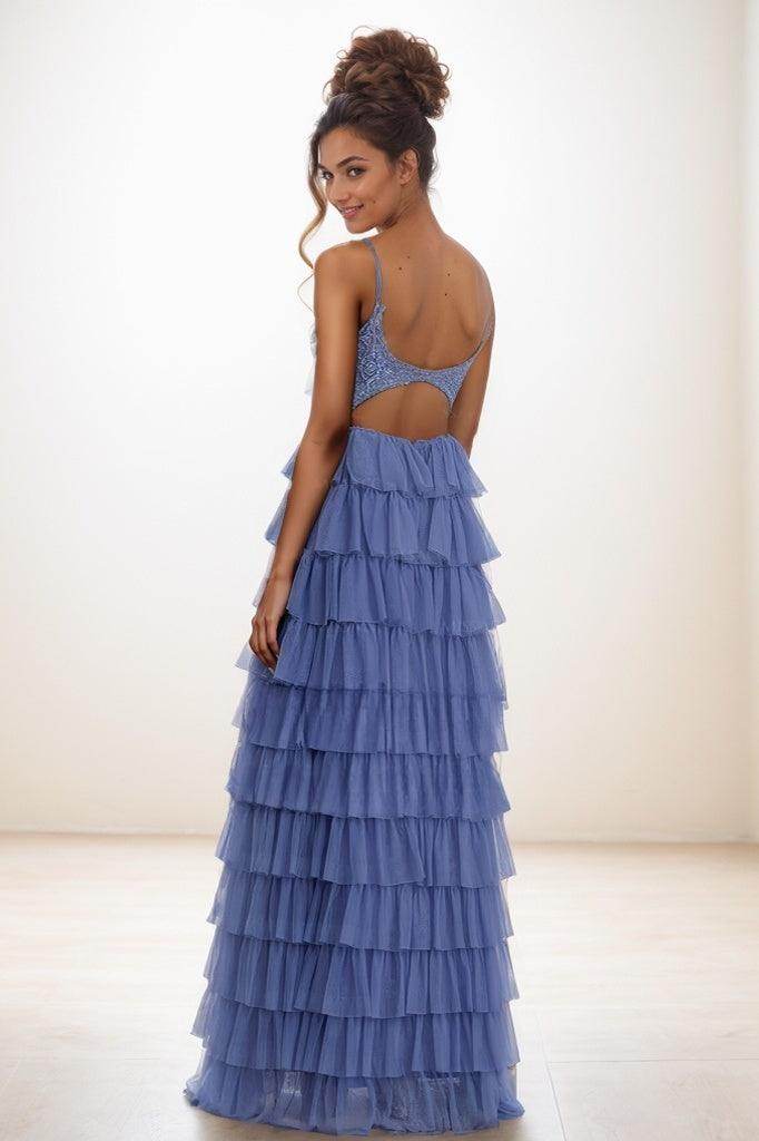 V-Neck Spaghetti Straps Back Hole Tulle Prom Dresses CS0811