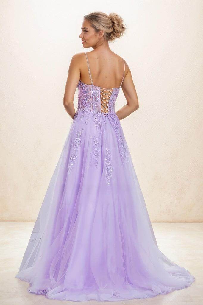 V Neck Lace Illusion Corset A Line Sweep Train Tulle Prom Dresses CS0813