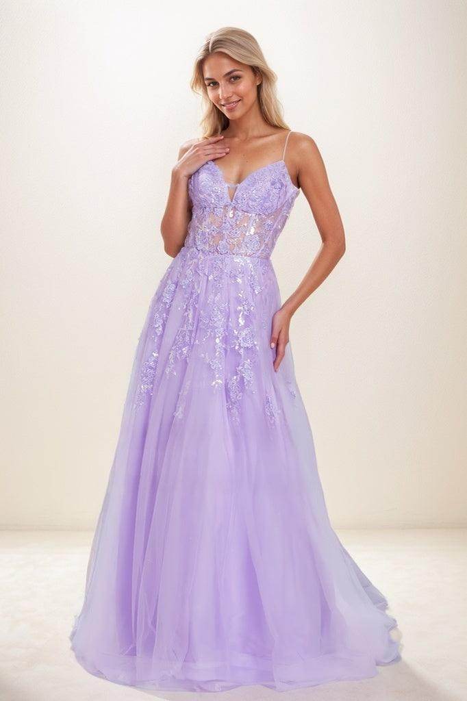 V Neck Lace Illusion Corset A Line Sweep Train Tulle Prom Dresses CS0813