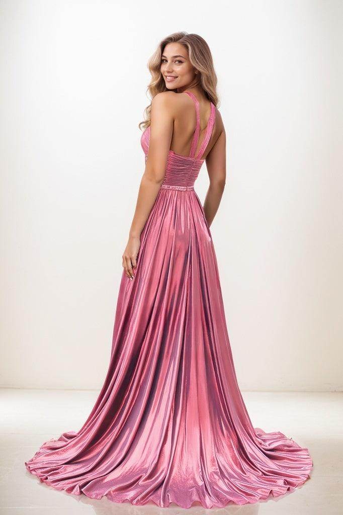 Flower(s) Halter Pleated High Split A Line Sweep Train PromDress CS0817