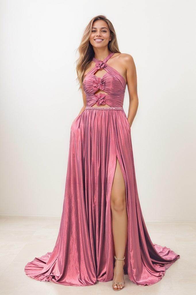 Flower(s) Halter Pleated High Split A Line Sweep Train PromDress CS0817