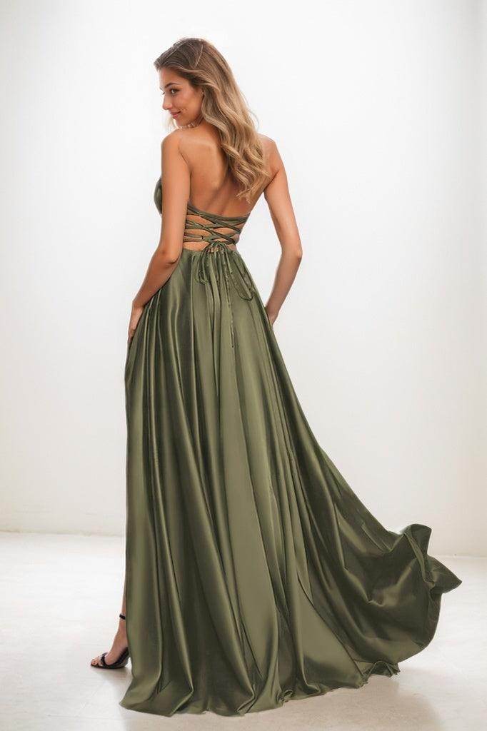 A-Line Strapless Matte Satin Prom Dresses With Lace Up Back CS0820