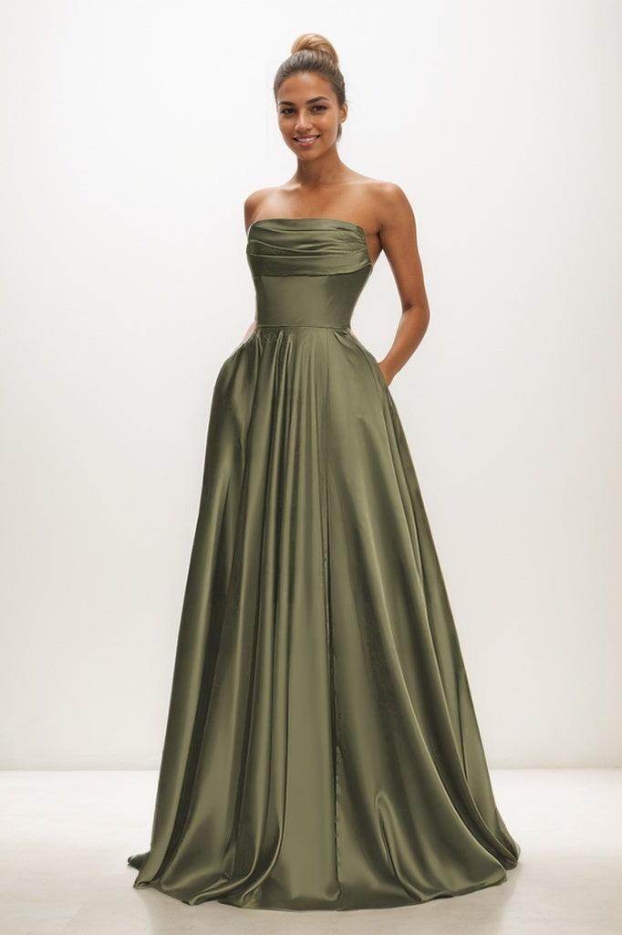 A-Line Strapless Matte Satin Prom Dresses With Lace Up Back CS0820