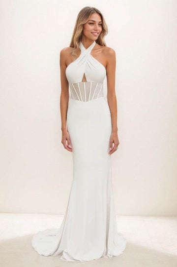 Modest Halter Sleeveless Outcut Elastic Satin Prom Dresses CS0822
