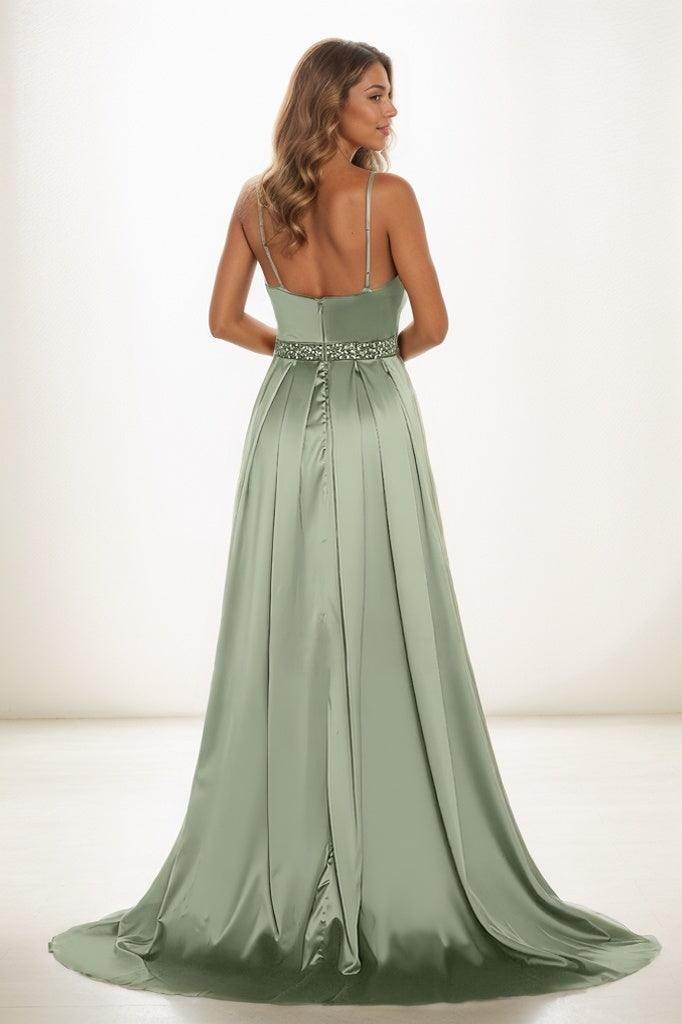 A-Line V-Neck Sleeveless Spaghetti Straps Acetate Satin Prom Dresses CS0826