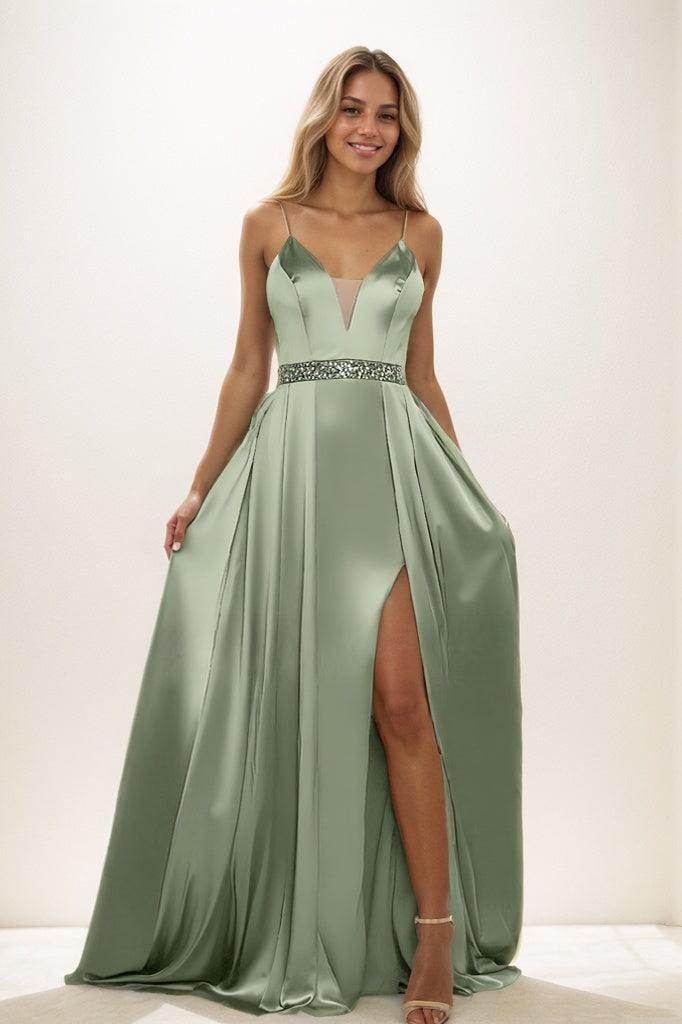 A-Line V-Neck Sleeveless Spaghetti Straps Acetate Satin Prom Dresses CS0826