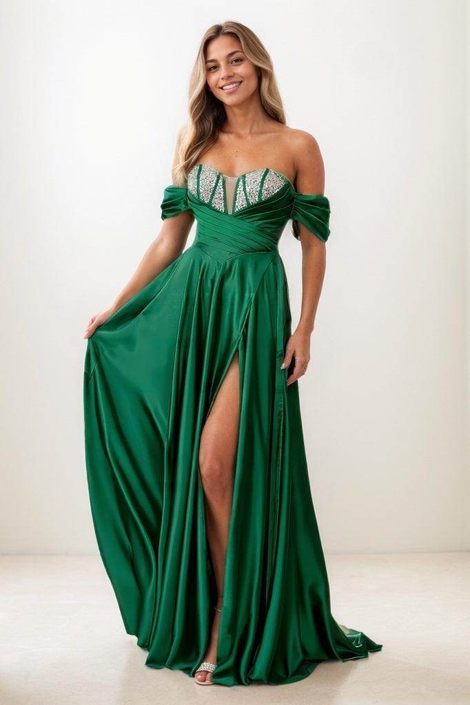 A-Line Off-The-Shoulder Detachable Straps Matte Satin Prom Dresses CS0827
