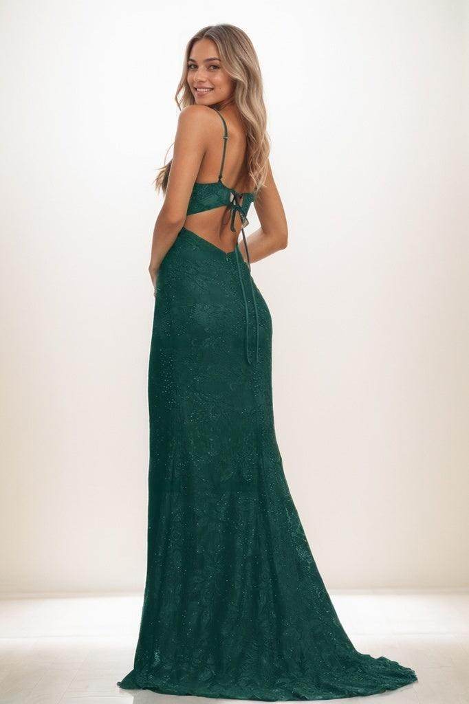 V-Neck Corset Back Hole High Split Sweep Train Lace Prom Dresses CS0836