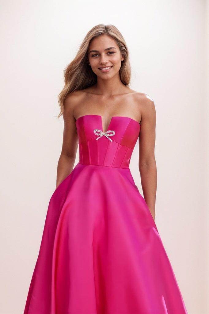 Sweet & Flow Bow Accented Detachable Sleeves Satin Prom Dresses CS0838