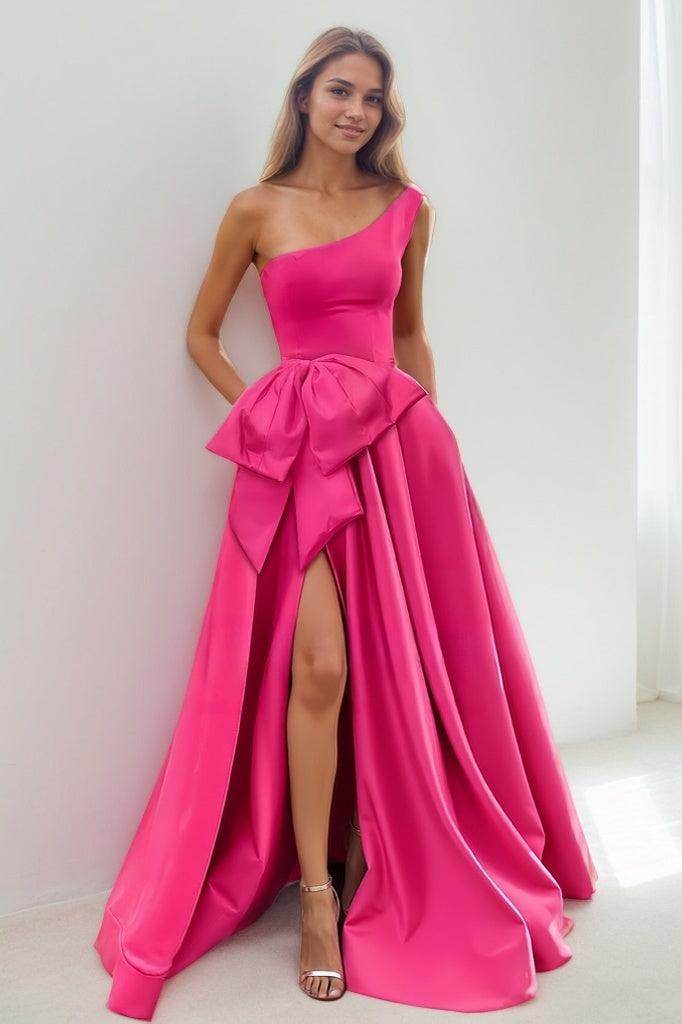 Modest One-Shoulder Bow Accented Satin Prom Dresses With High Split CS0839