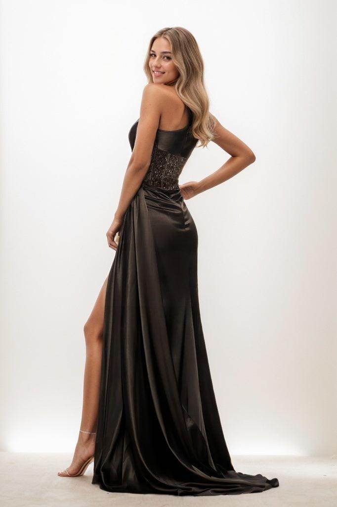 Sexy One-Shoulder Sleeveless Corset Silk Like Satin Prom Dresses CS0846