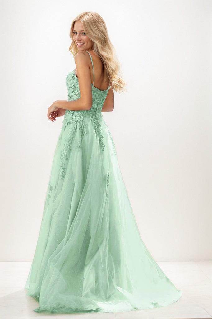Sweetheart Spaghetti Straps Applique A Line Tulle Prom Dresses CS0943