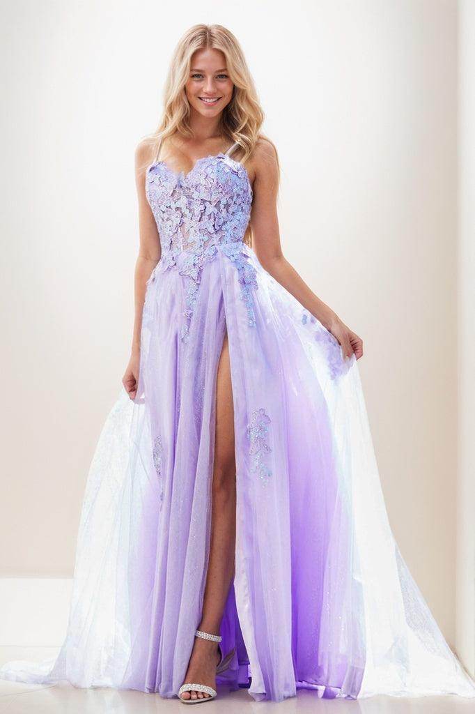 Sweetheart Spaghetti Straps Applique A Line Tulle Prom Dresses CS0943