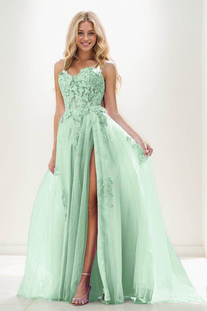 Sweetheart Spaghetti Straps Applique A Line Tulle Prom Dresses CS0943
