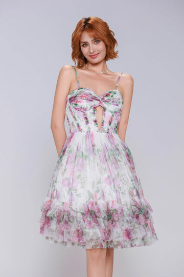 A-Line Mini Printed Gauze Homecoming Dress CS0988