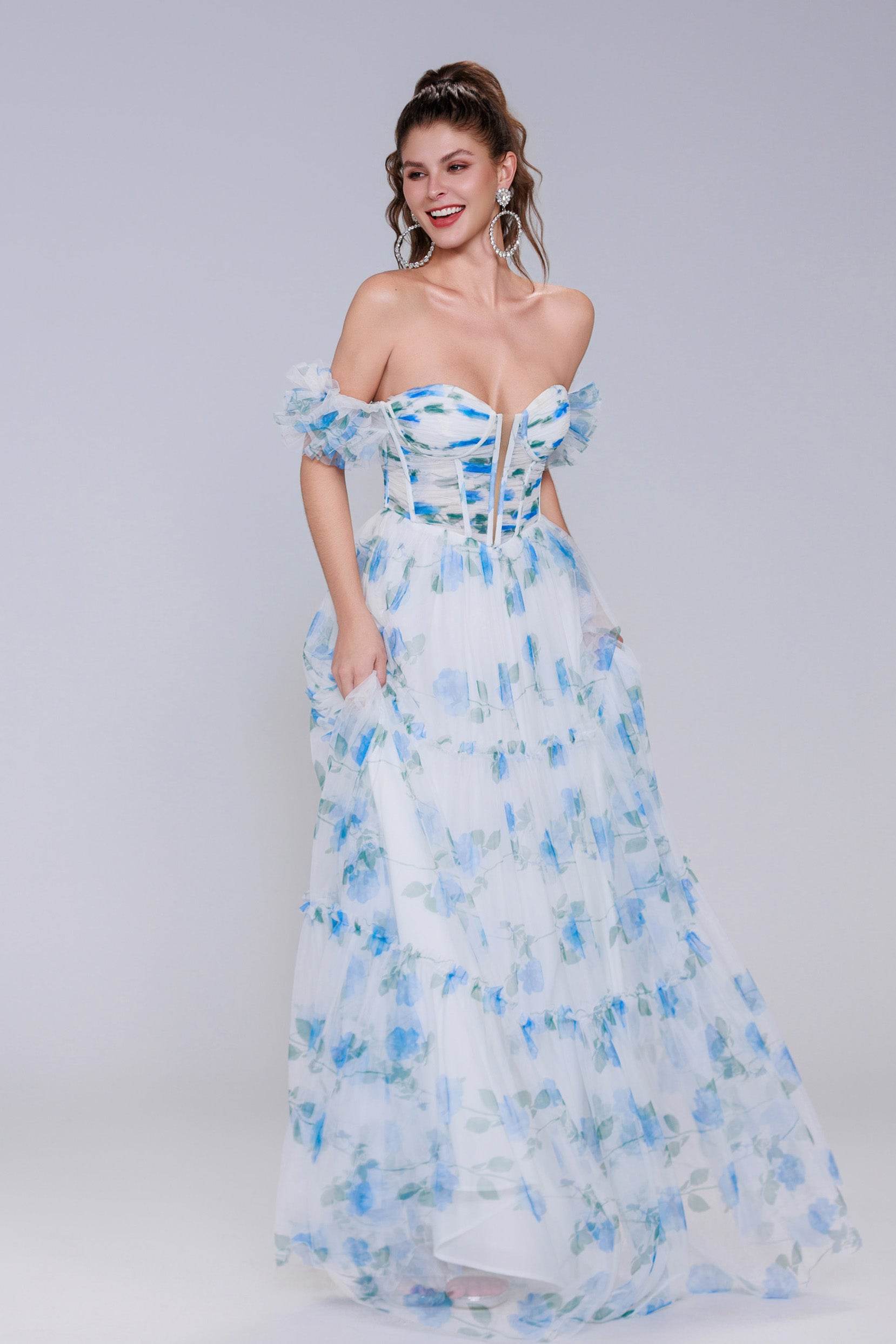 A-Line Maxi Printed Gauze Prom Dress CS0989