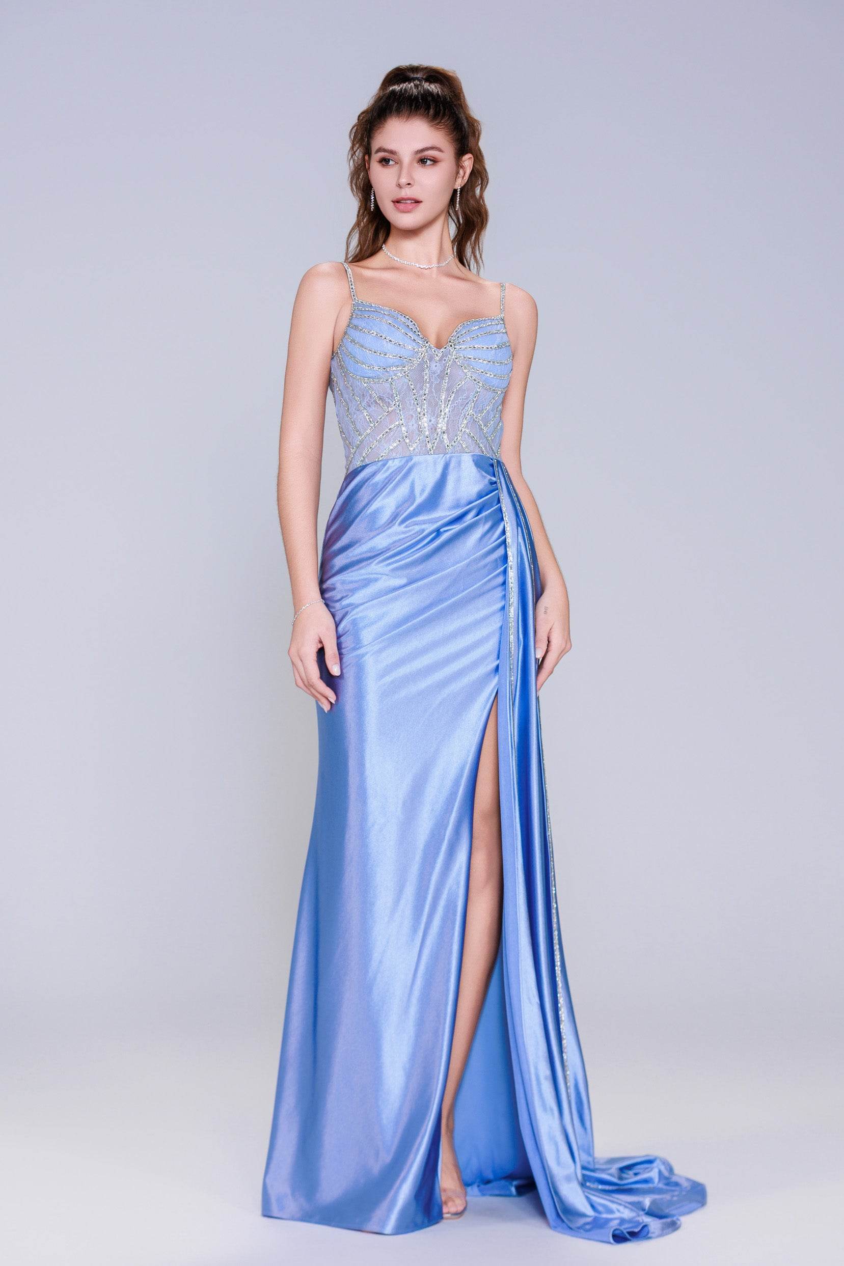 Sheath-Column Sweep-Brush Train Stretch Satin Prom Dress CS1042