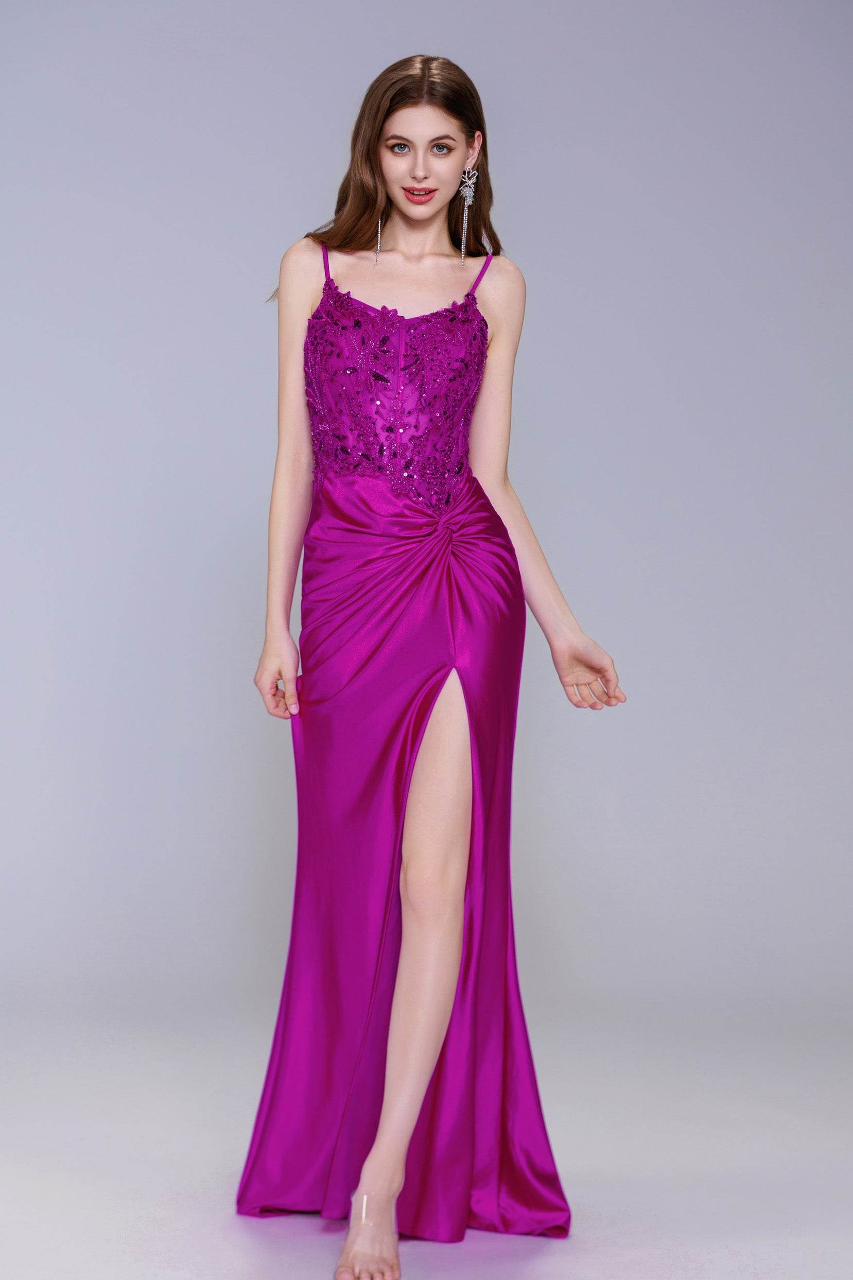 Sheath-Column Sweep-Brush Train Stretch Satin Prom Dress CS1051