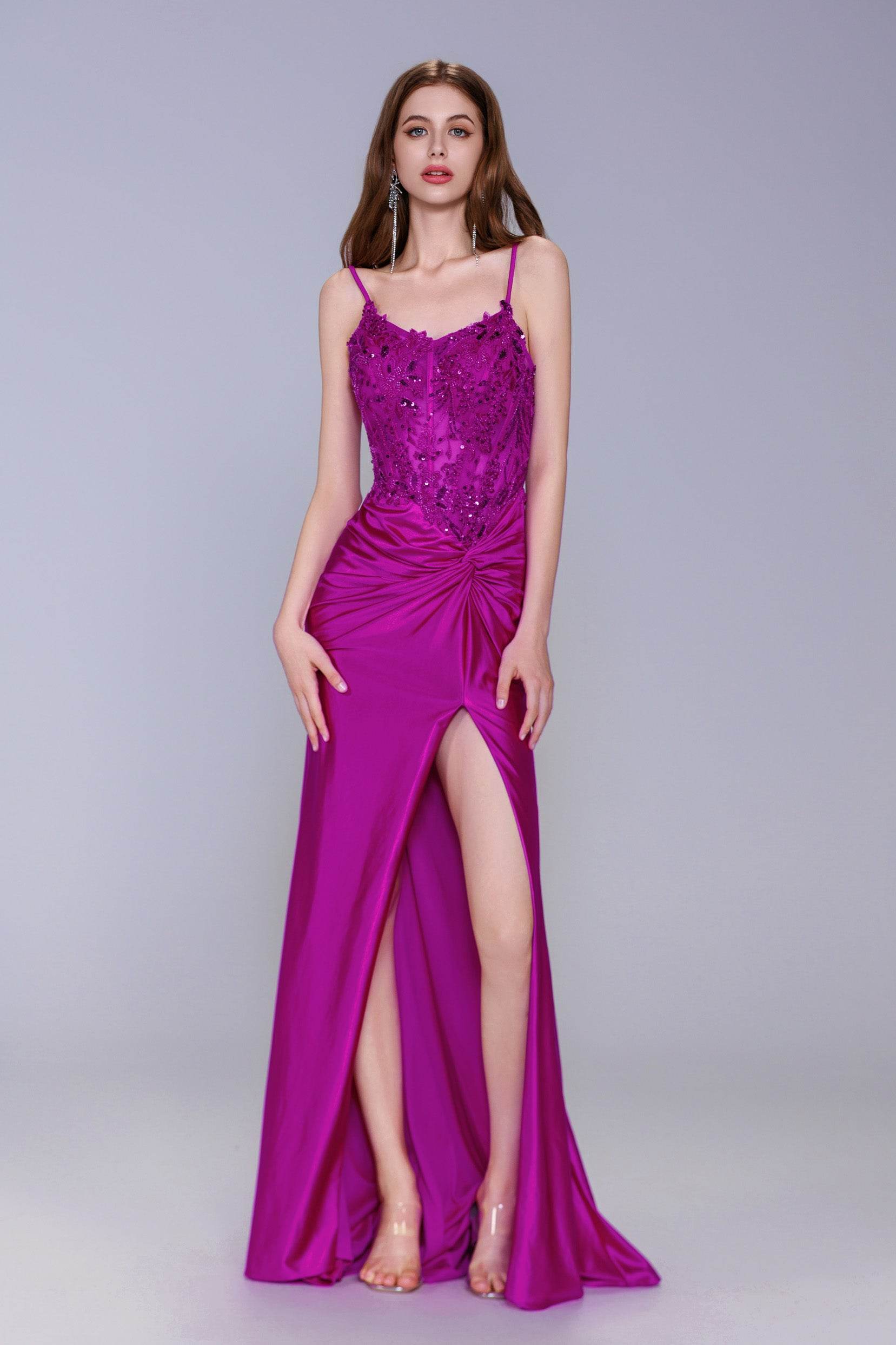 Sheath-Column Sweep-Brush Train Stretch Satin Prom Dress CS1051