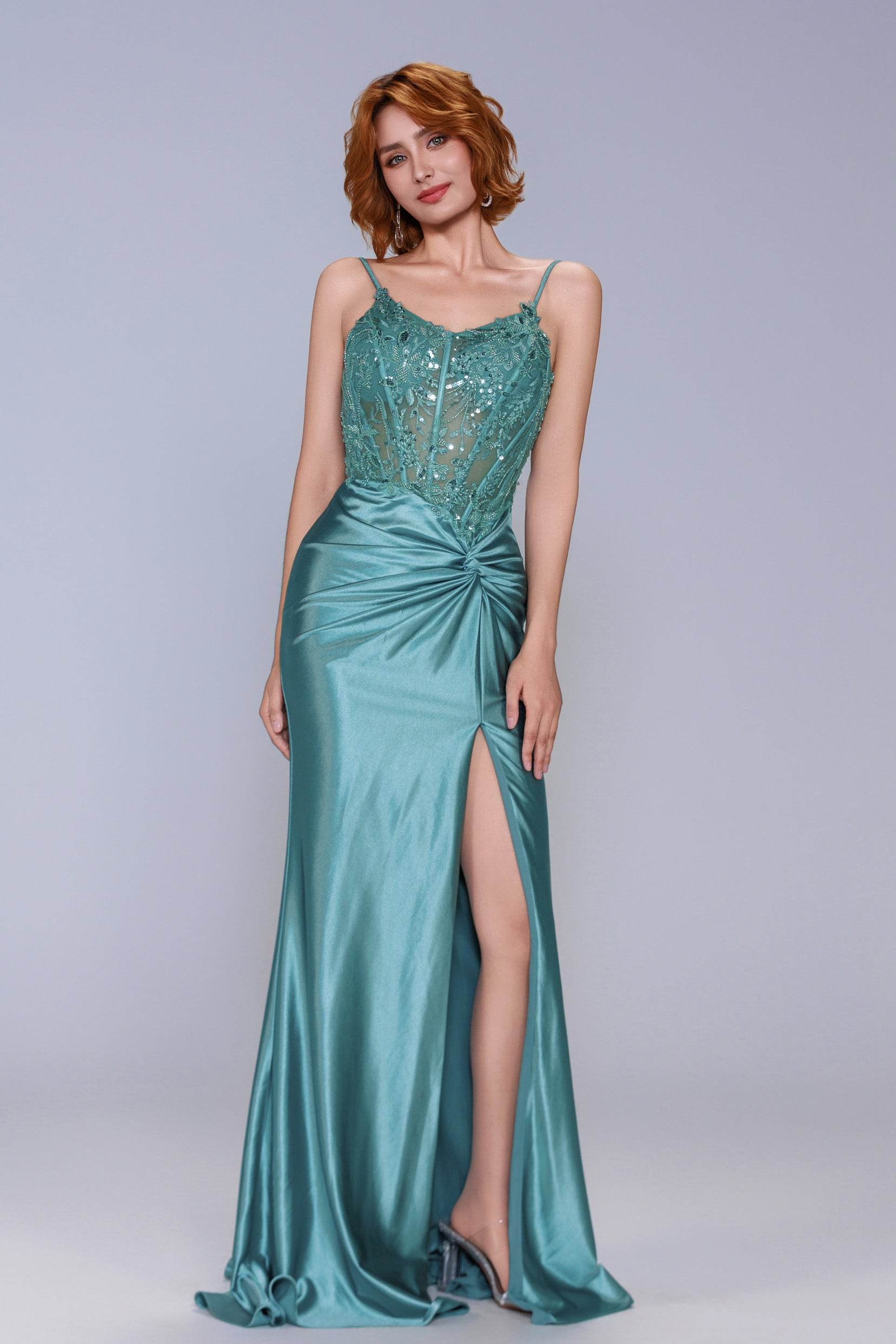Sheath-Column Sweep-Brush Train Stretch Satin Prom Dress CS1051