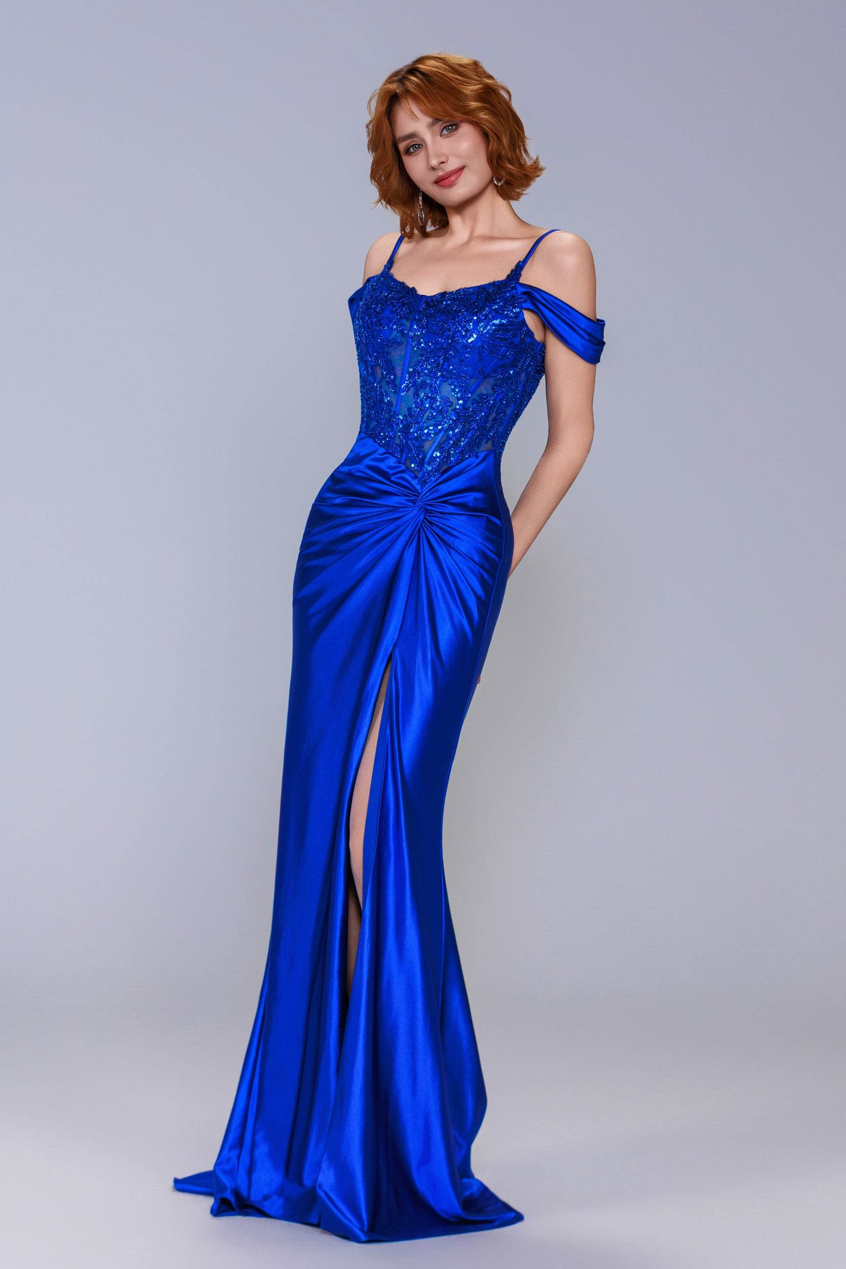 Sheath-Column Sweep-Brush Train Stretch Satin Prom Dress CS1053