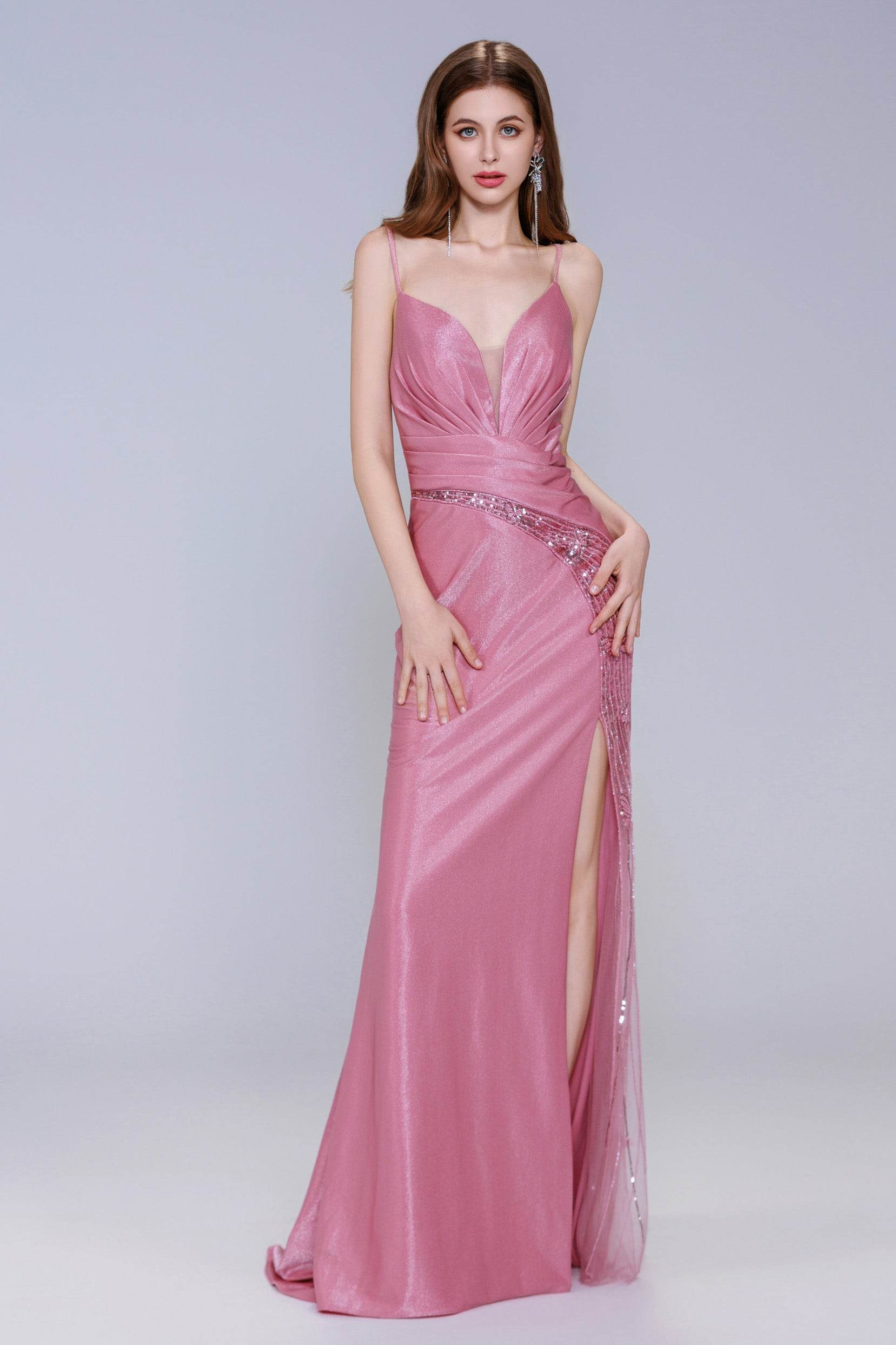 Sheath-Column Sweep-Brush Train Stretch Satin Prom Dress CS1054