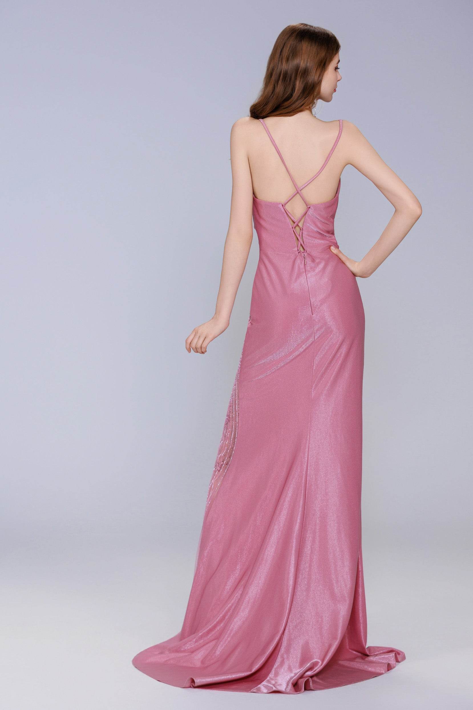 Sheath-Column Sweep-Brush Train Stretch Satin Prom Dress CS1054