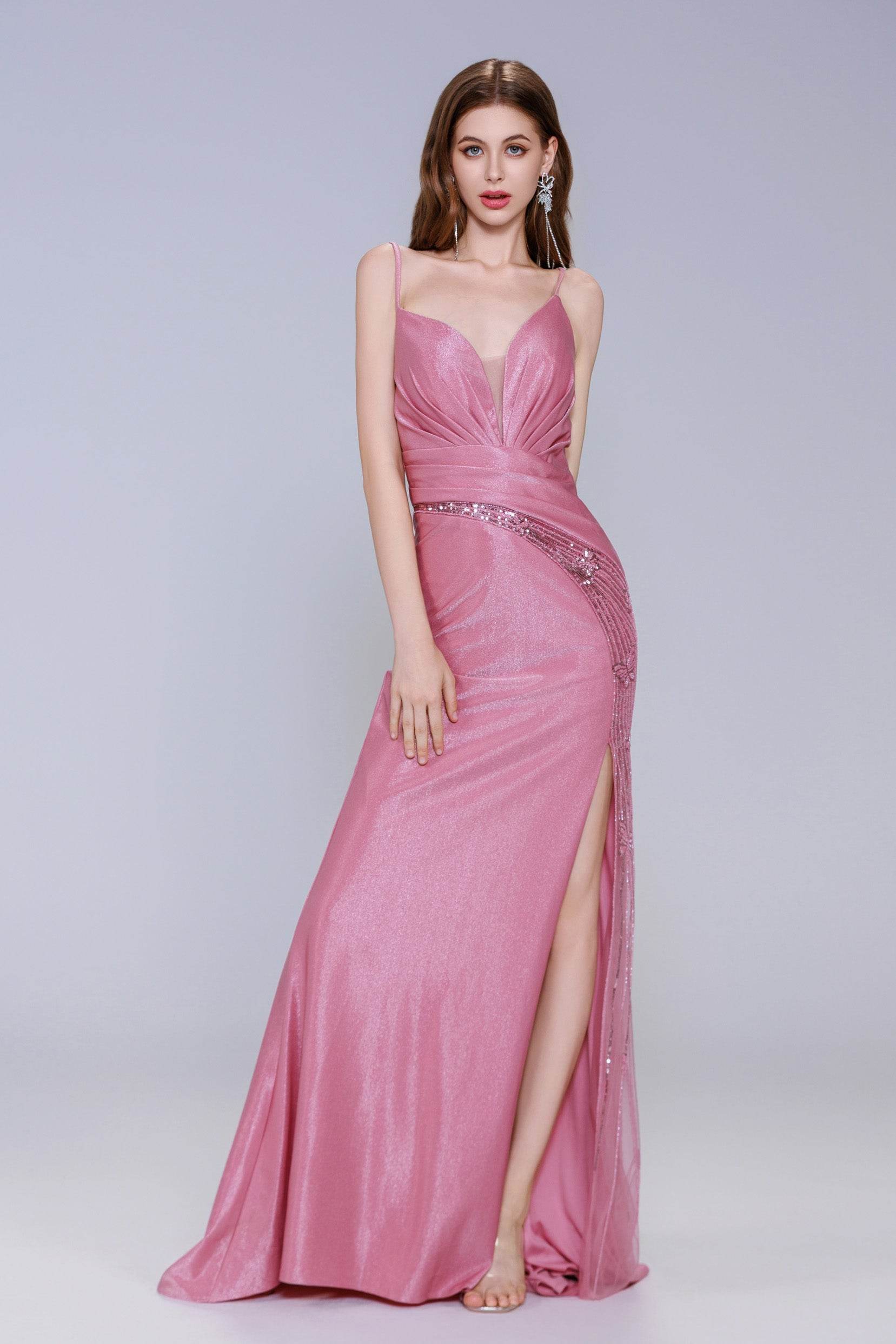 Sheath-Column Sweep-Brush Train Stretch Satin Prom Dress CS1054