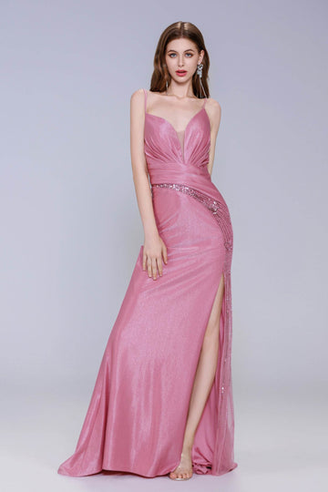 Sheath-Column Sweep-Brush Train Stretch Satin Prom Dress CS1054