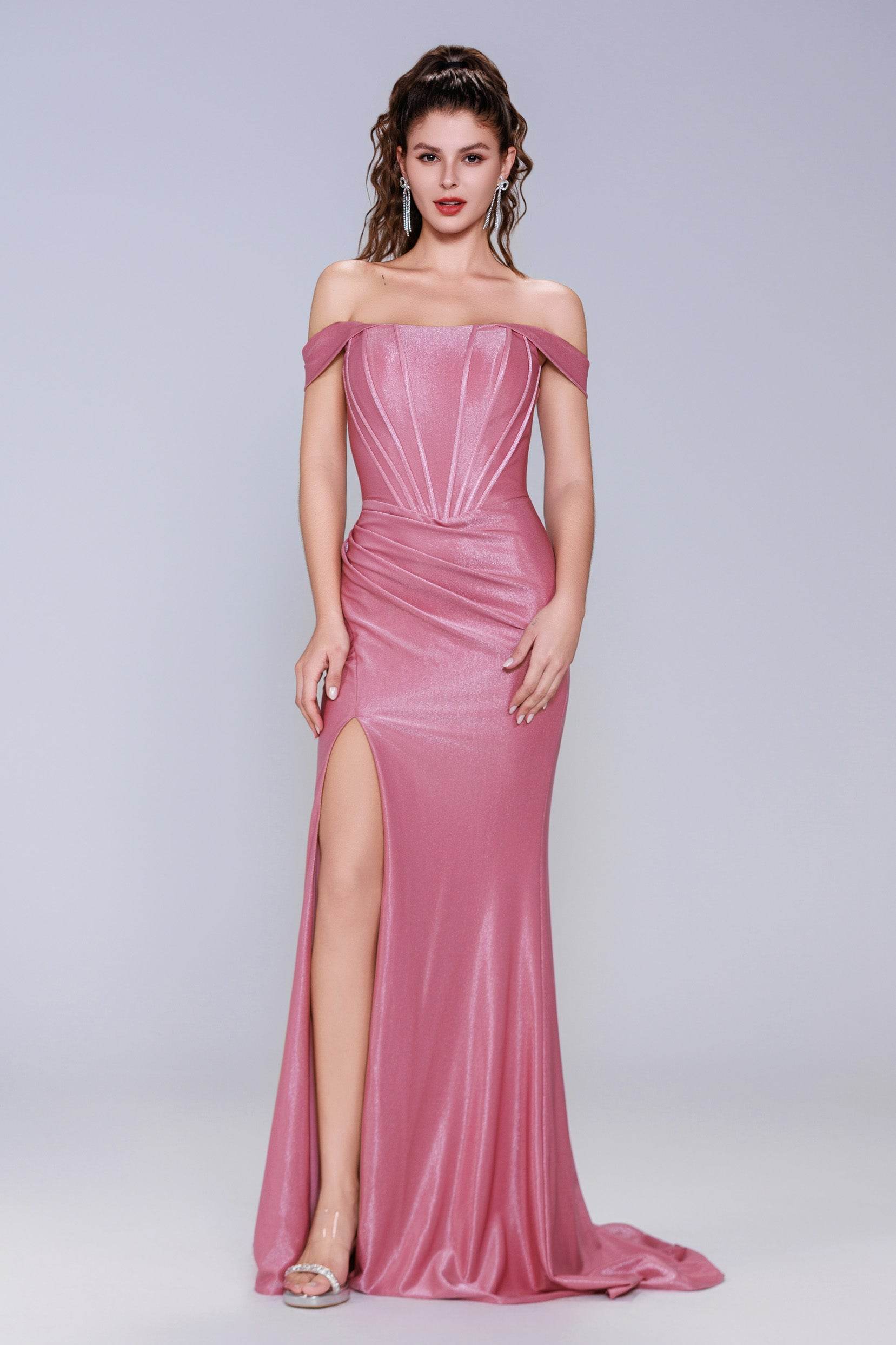 Sheath-Column Sweep-Brush Train Stretch Satin Prom Dress CS1055