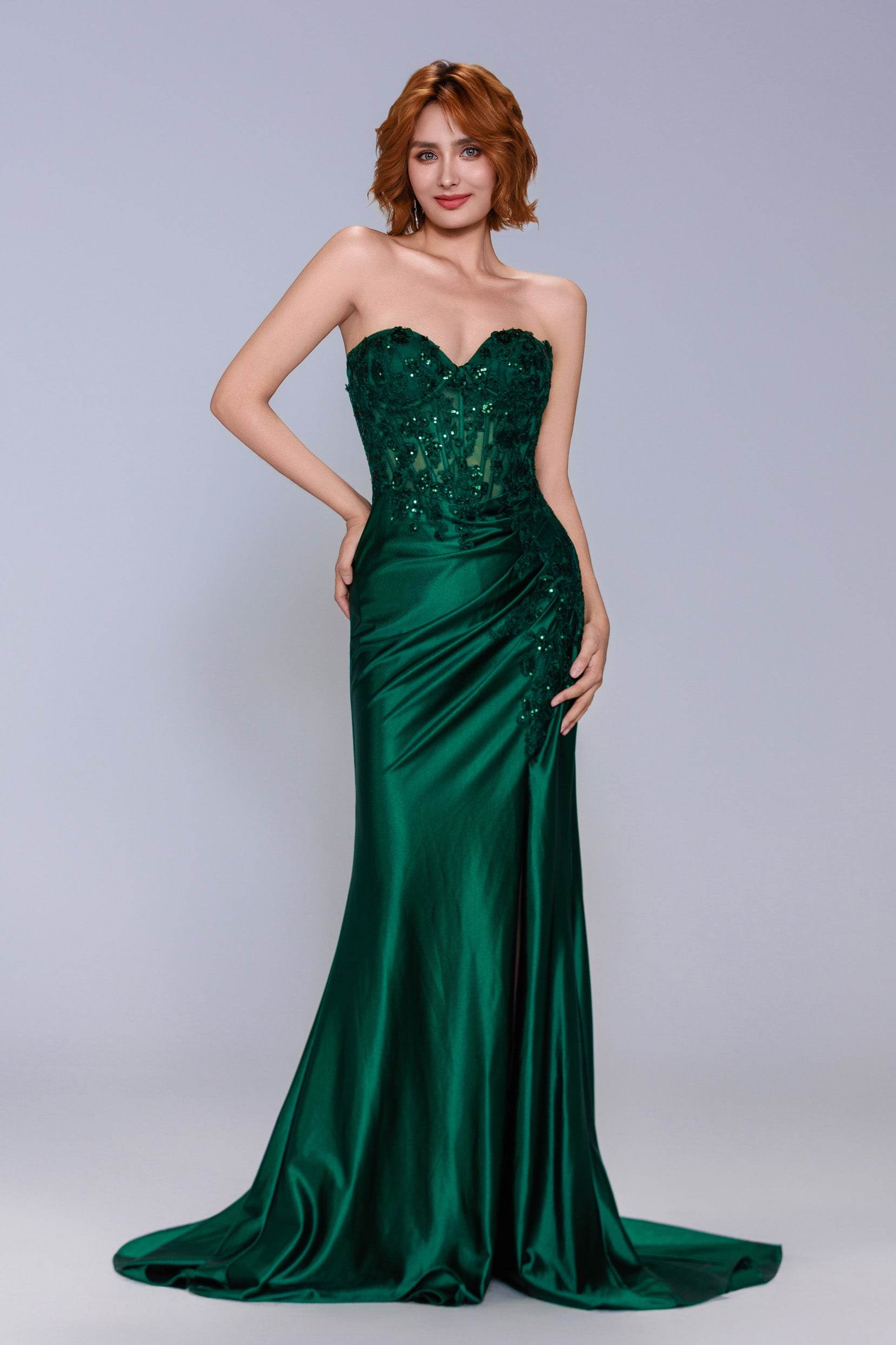 Sheath-Column Sweep-Brush Train Stretch Satin Prom Dress CS1056
