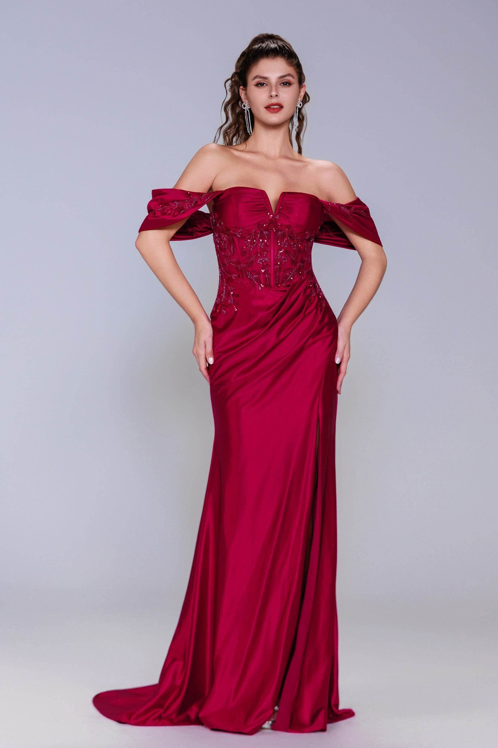 Sheath-Column Sweep-Brush Train Stretch Satin Prom Dress CS1058