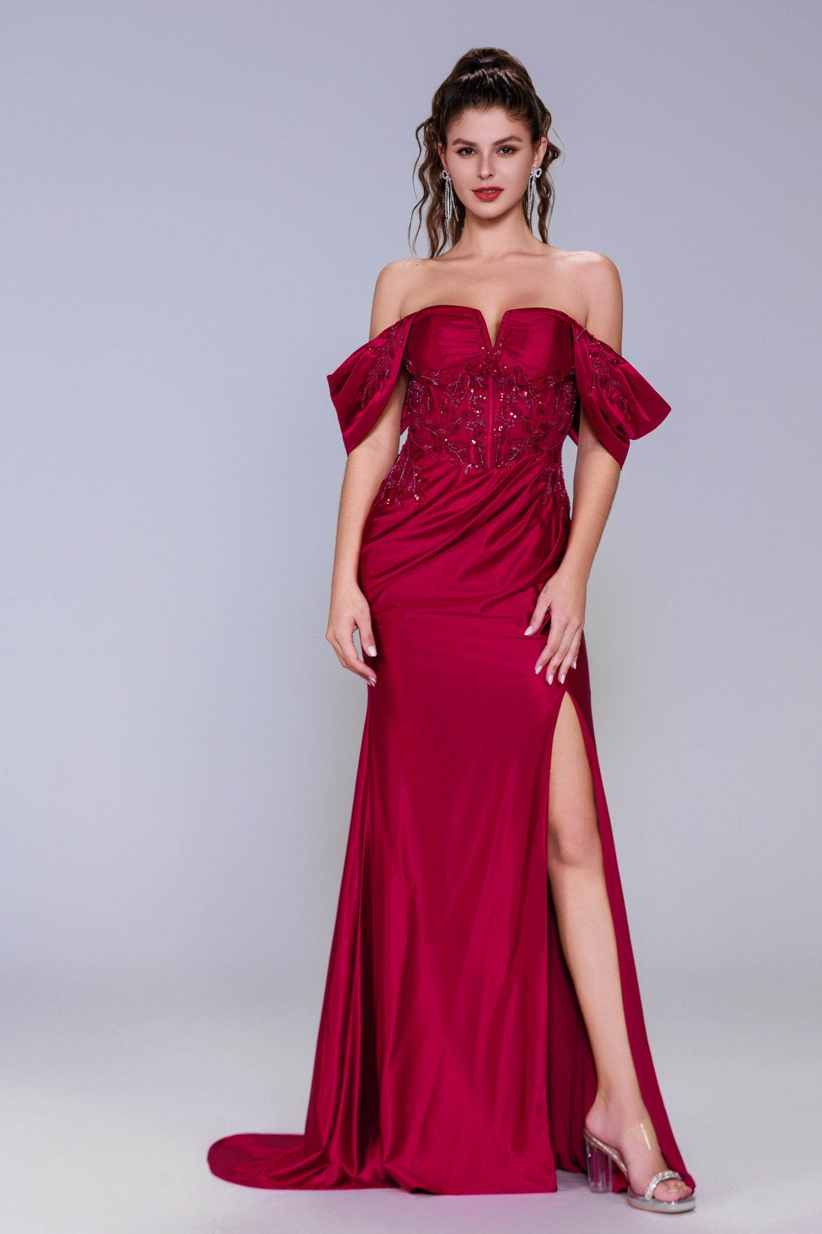 Sheath-Column Sweep-Brush Train Stretch Satin Prom Dress CS1058