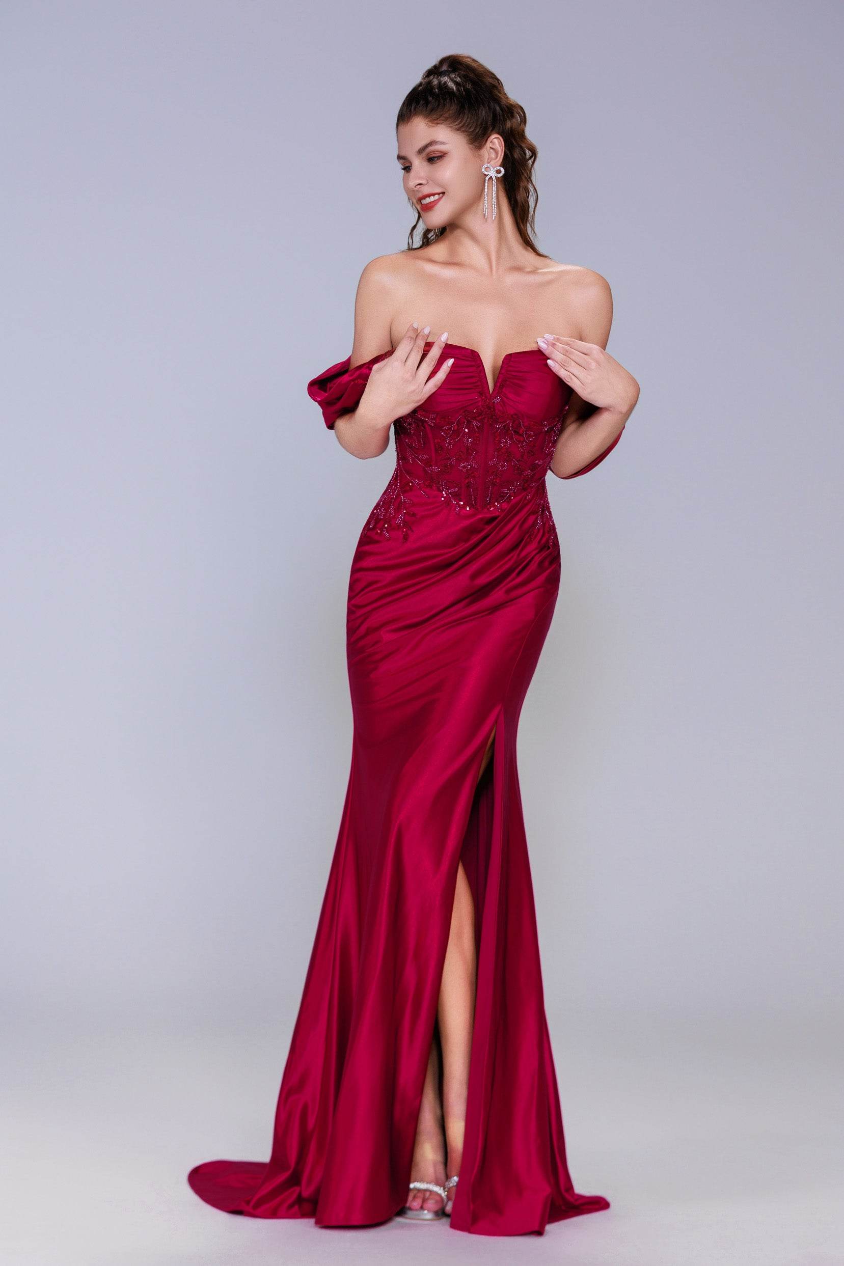Sheath-Column Sweep-Brush Train Stretch Satin Prom Dress CS1058