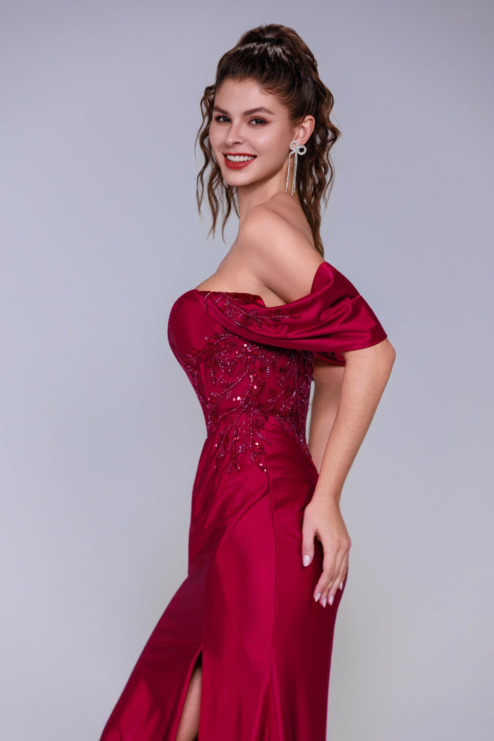 Sheath-Column Sweep-Brush Train Stretch Satin Prom Dress CS1058
