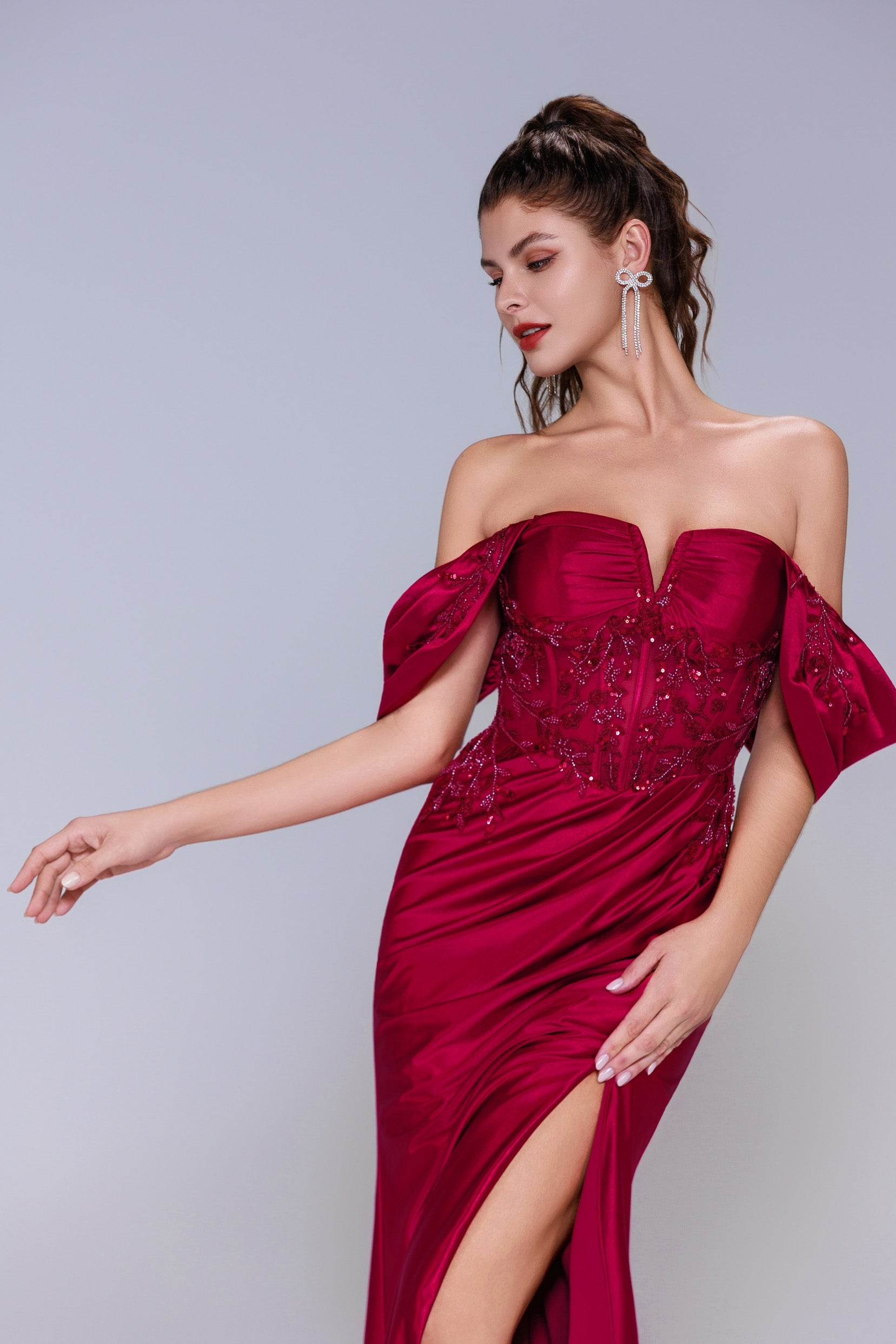 Sheath-Column Sweep-Brush Train Stretch Satin Prom Dress CS1058