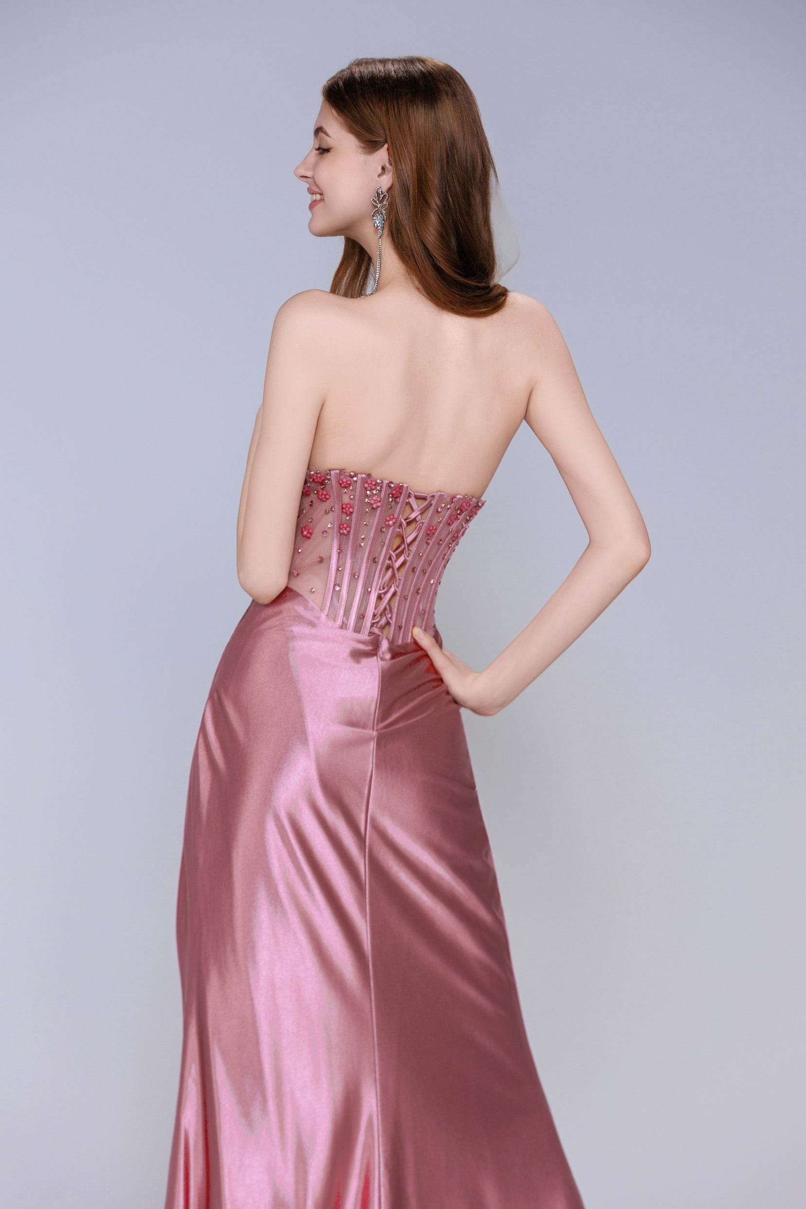 Sheath-Column Sweep-Brush Train Stretch Satin Prom Dress CS1063