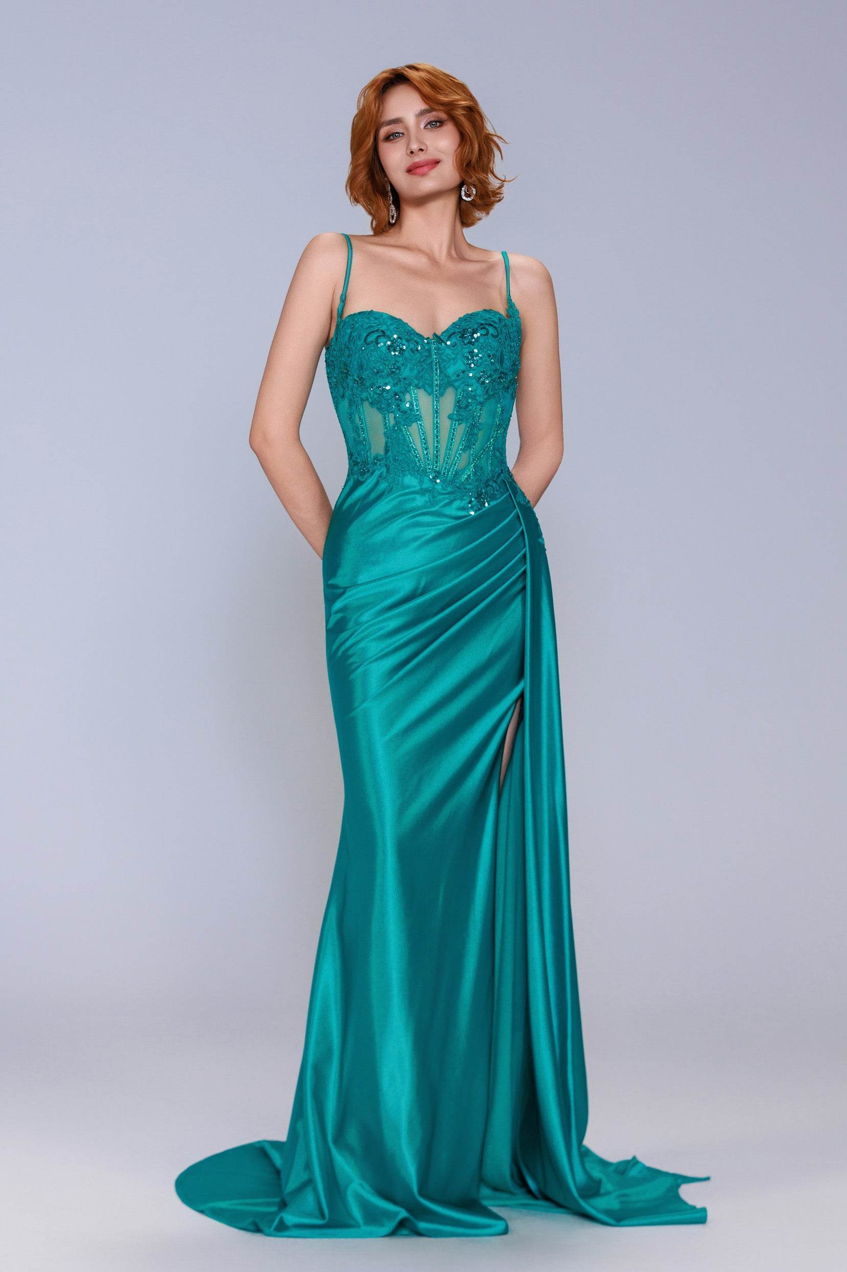 Sheath-Column Sweep-Brush Train Stretch Satin Prom Dress CS1065