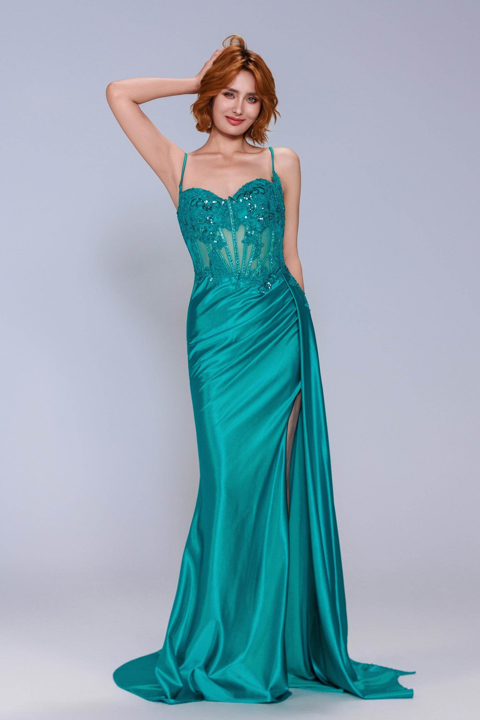 Sheath-Column Sweep-Brush Train Stretch Satin Prom Dress CS1065