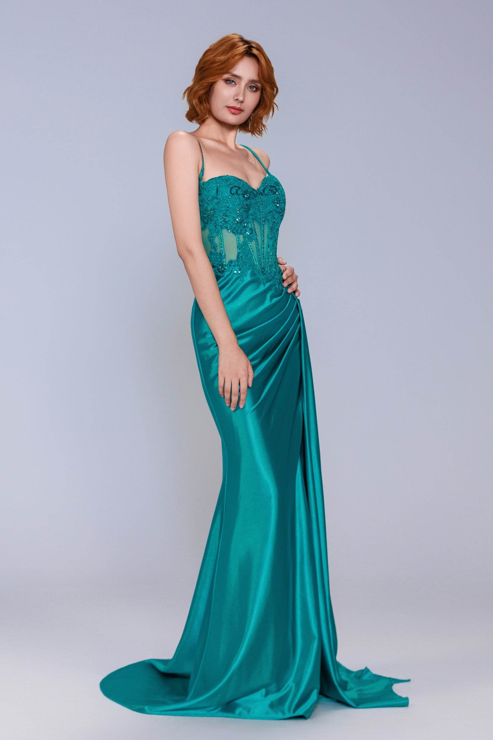 Sheath-Column Sweep-Brush Train Stretch Satin Prom Dress CS1065