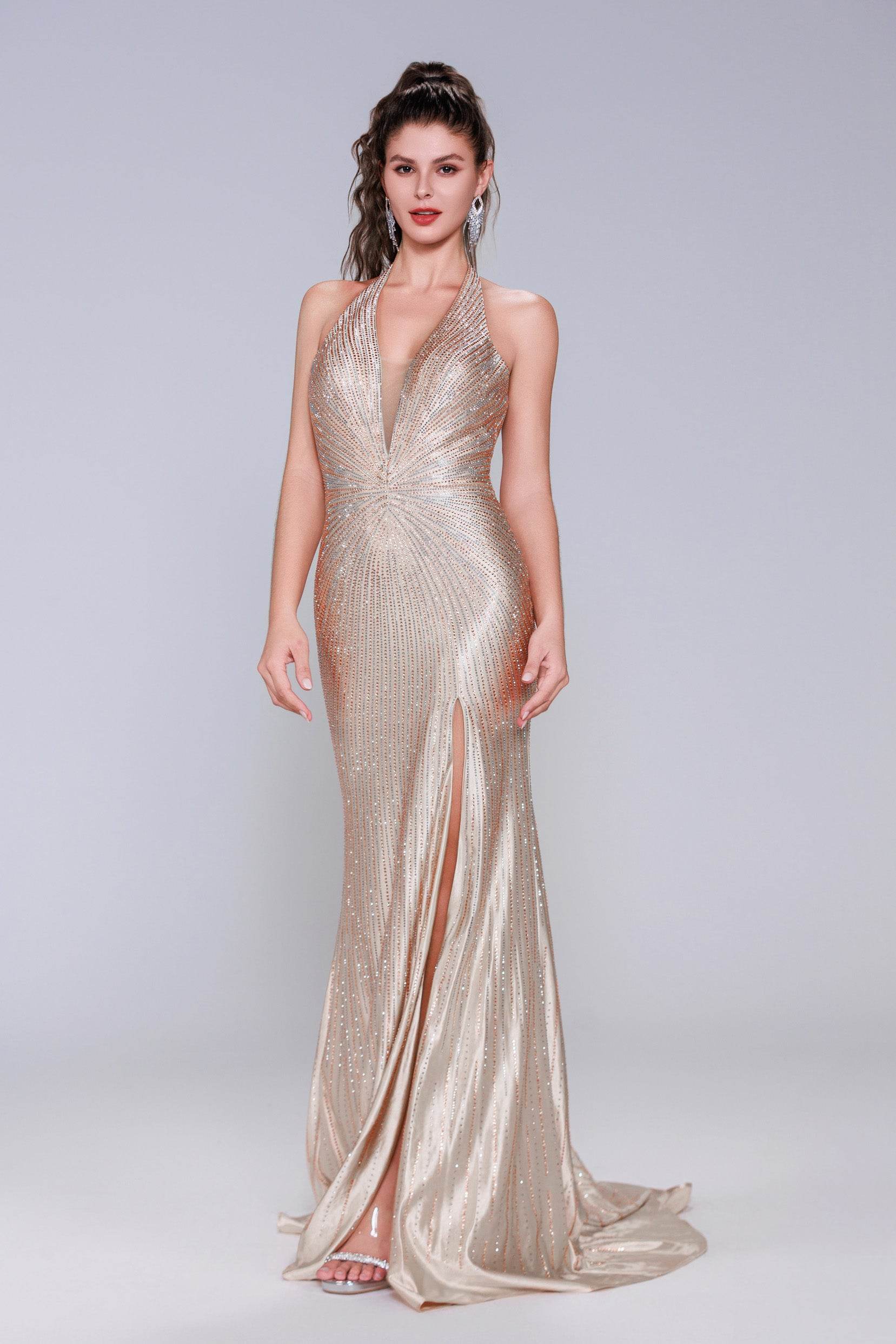 Sheath-Column Sweep-Brush Train Sequined Prom Dress CS1067