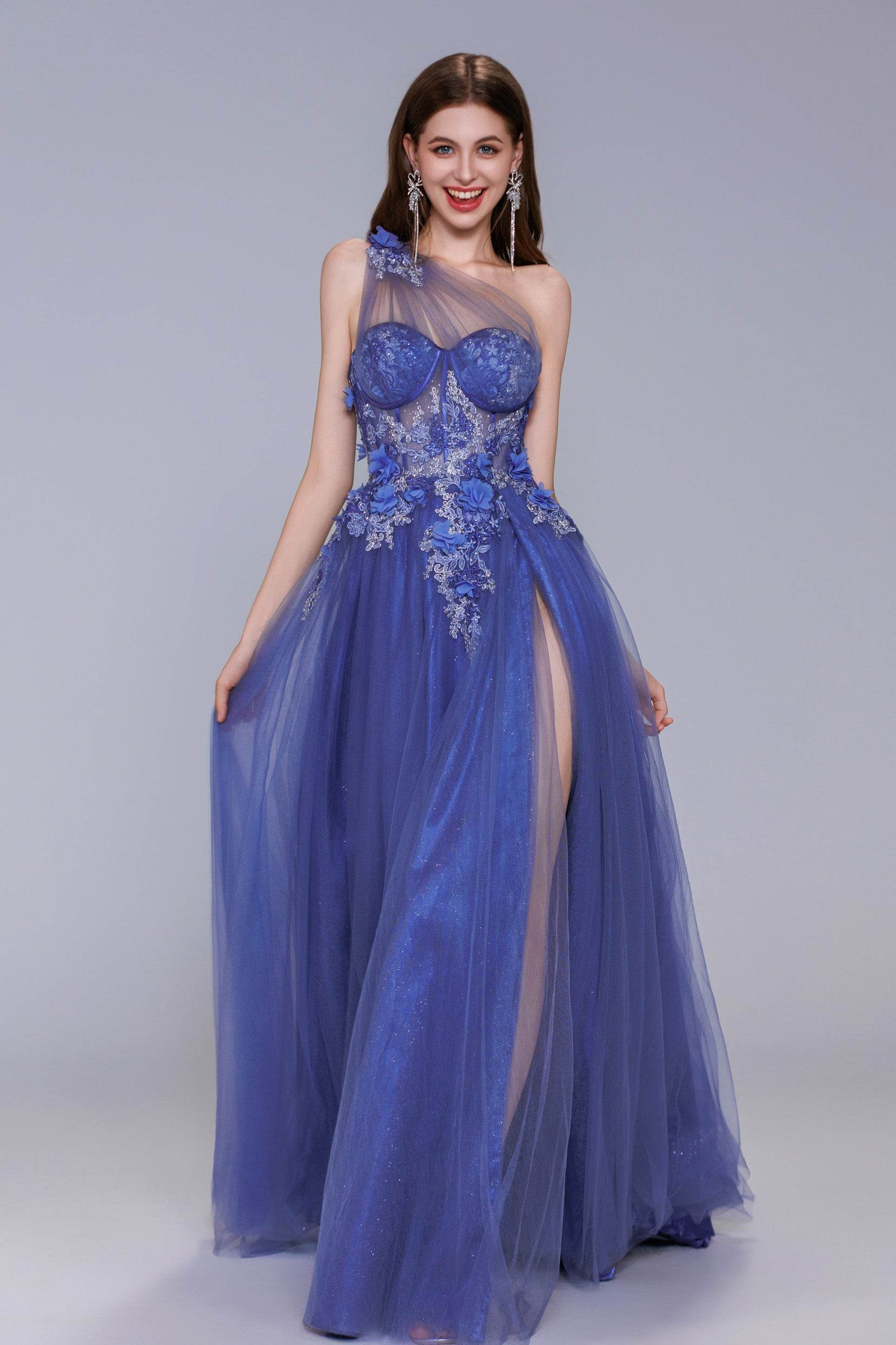 A-Line Sweep-Brush Train Tulle Prom Dress CS1069