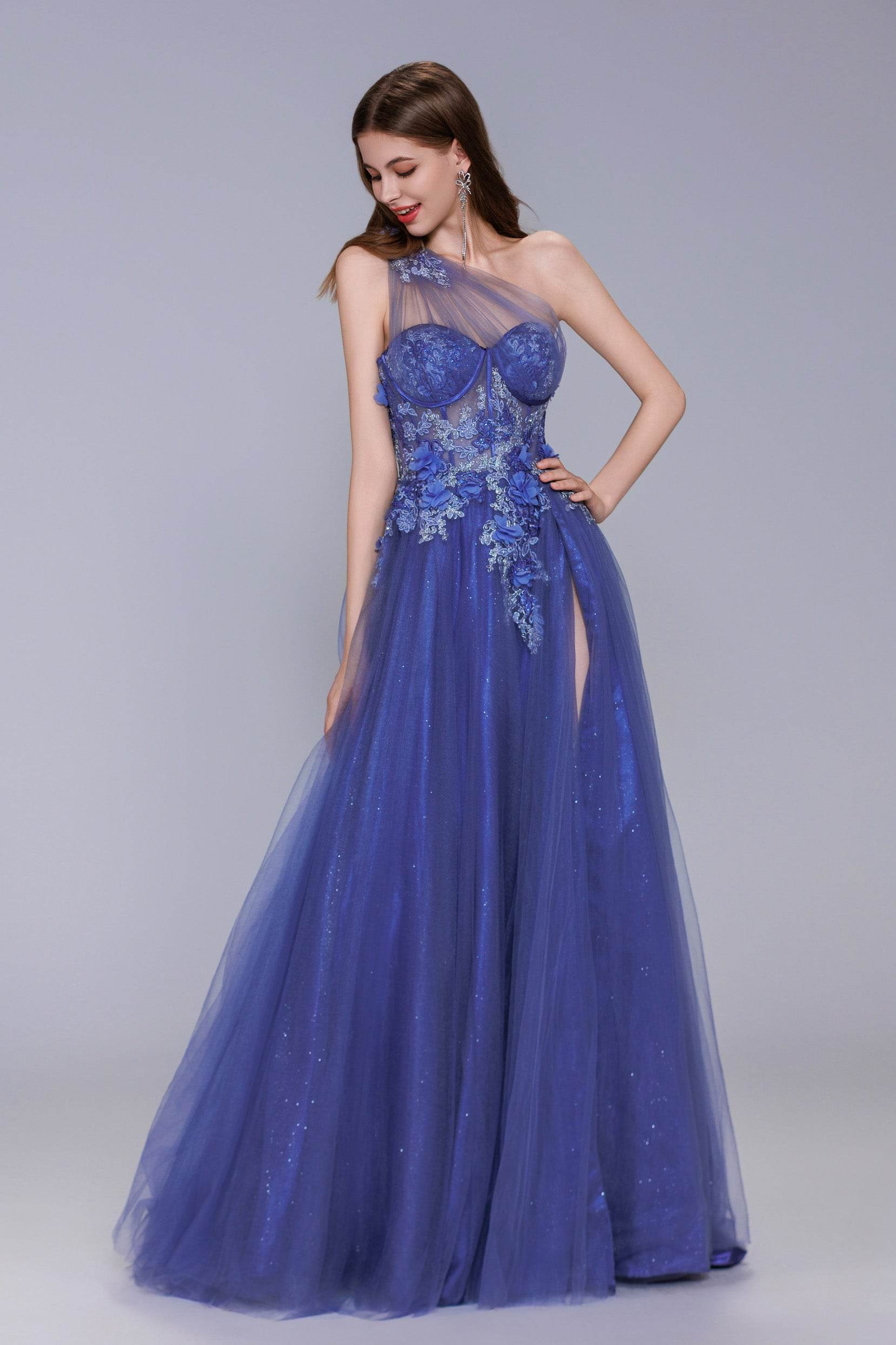 A-Line Sweep-Brush Train Tulle Prom Dress CS1069