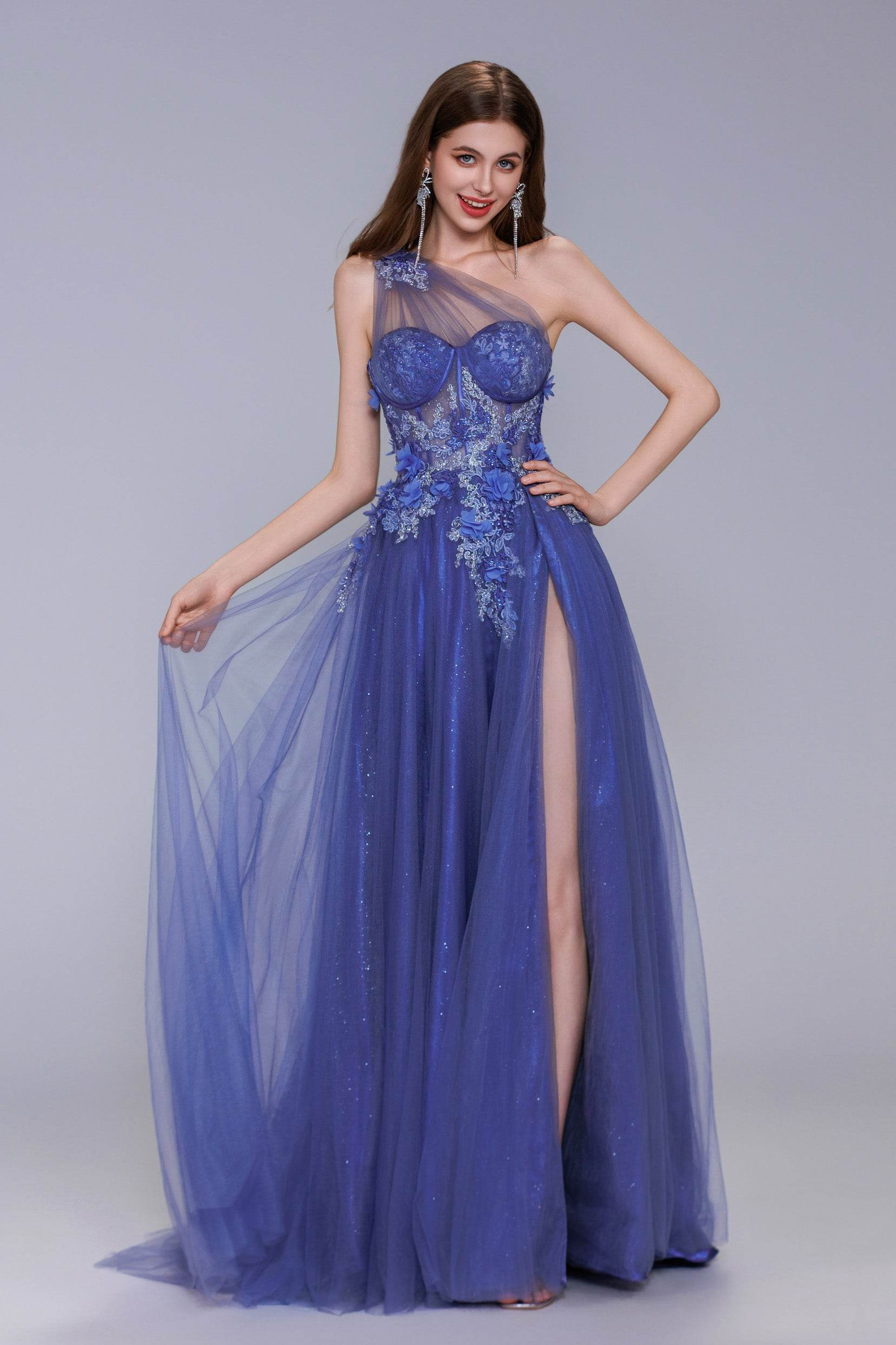 A-Line Sweep-Brush Train Tulle Prom Dress CS1069