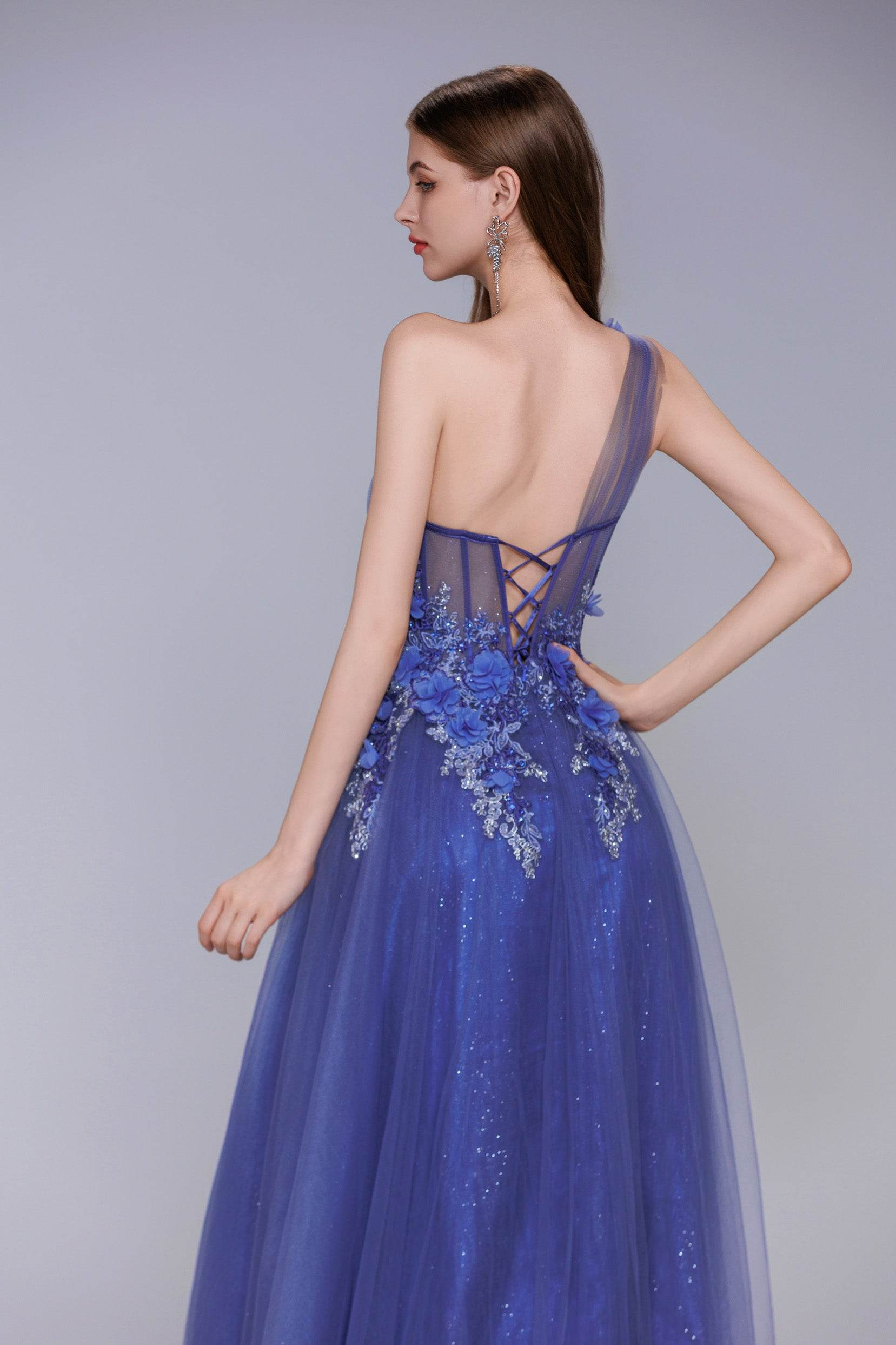 A-Line Sweep-Brush Train Tulle Prom Dress CS1069