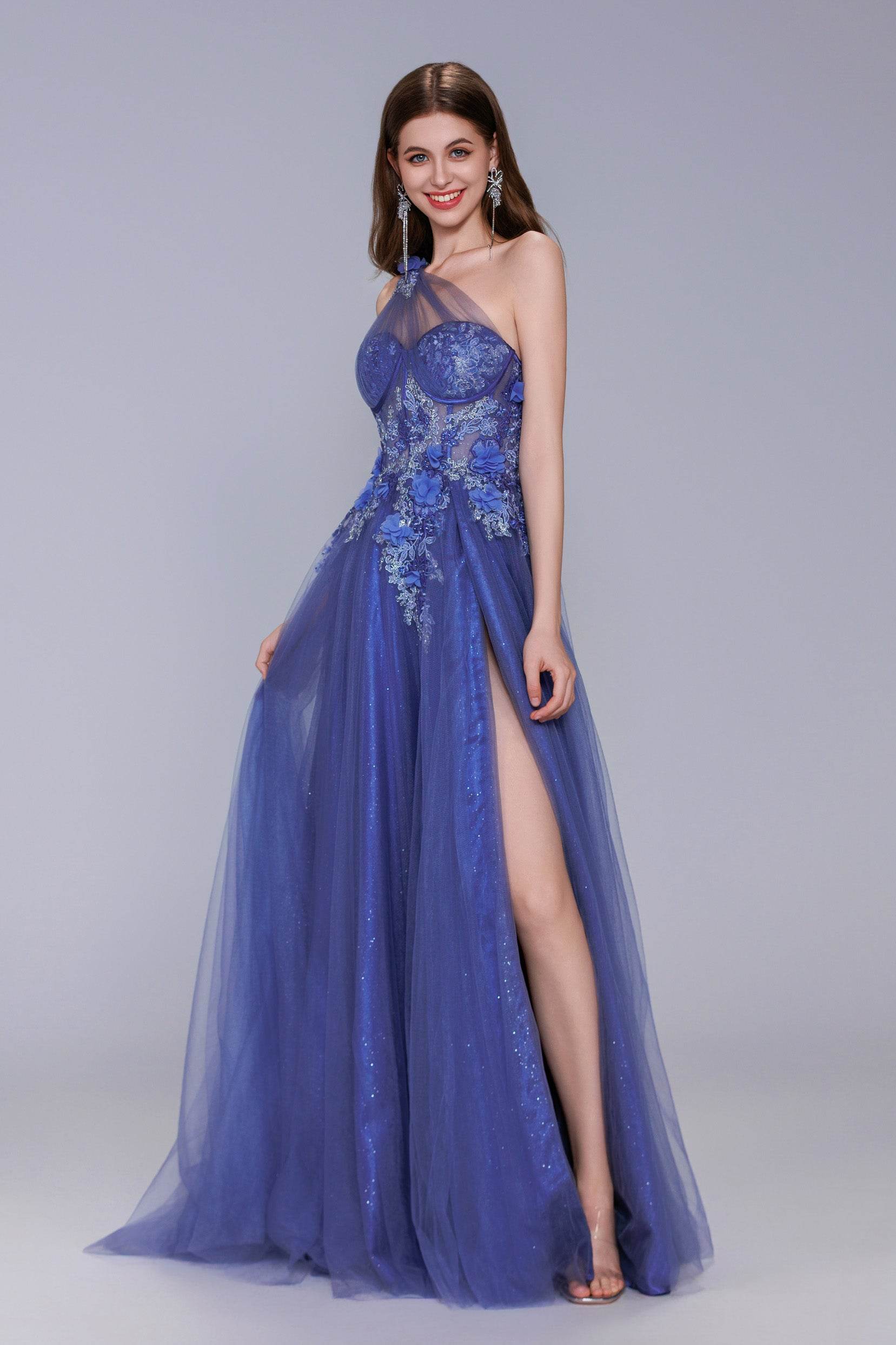 A-Line Sweep-Brush Train Tulle Prom Dress CS1069