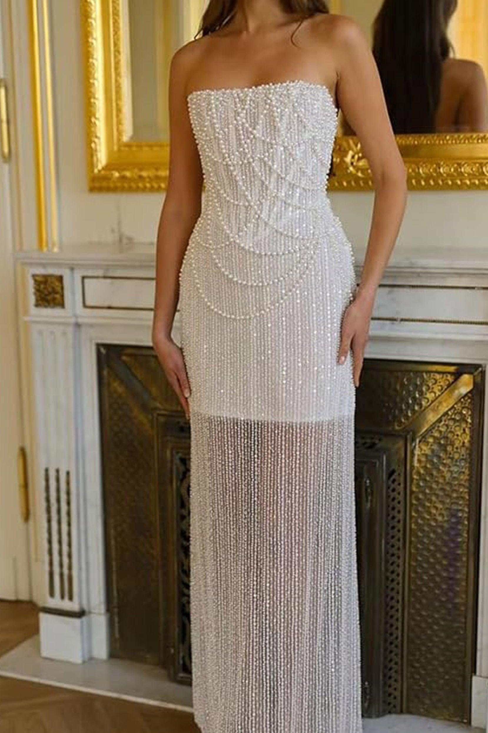 Sheath-Column Strapless Short Pearls Sequin Dress CS1075