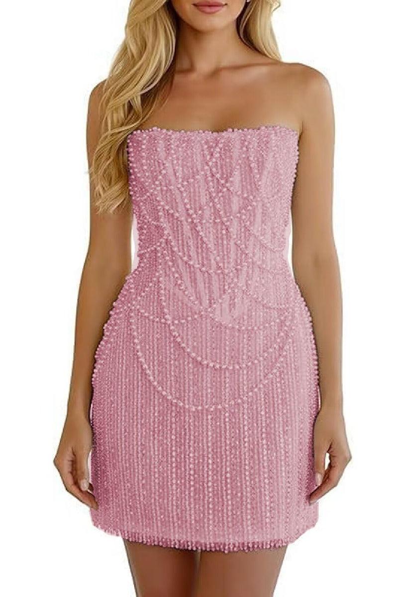 Sheath-Column Strapless Short Pearls Sequin Dress CS1075