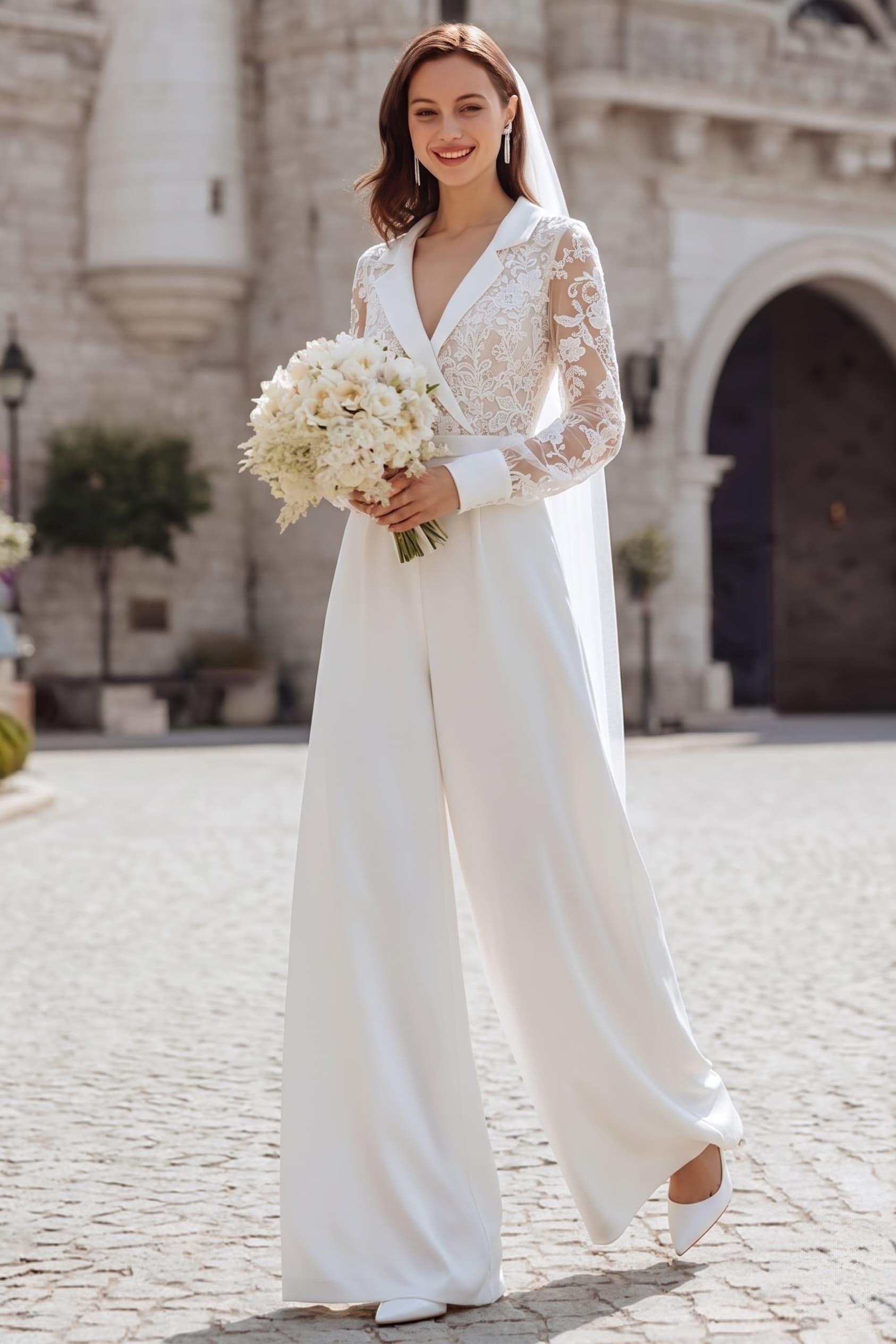 Floor Length Chiffon Tulle Wedding Jumpsuit CW2351